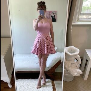 HOT TOPIC PINK SKATER SKIRT PLEATS LACES STRETCH WAIST RED GREEN STRAWBERRIES